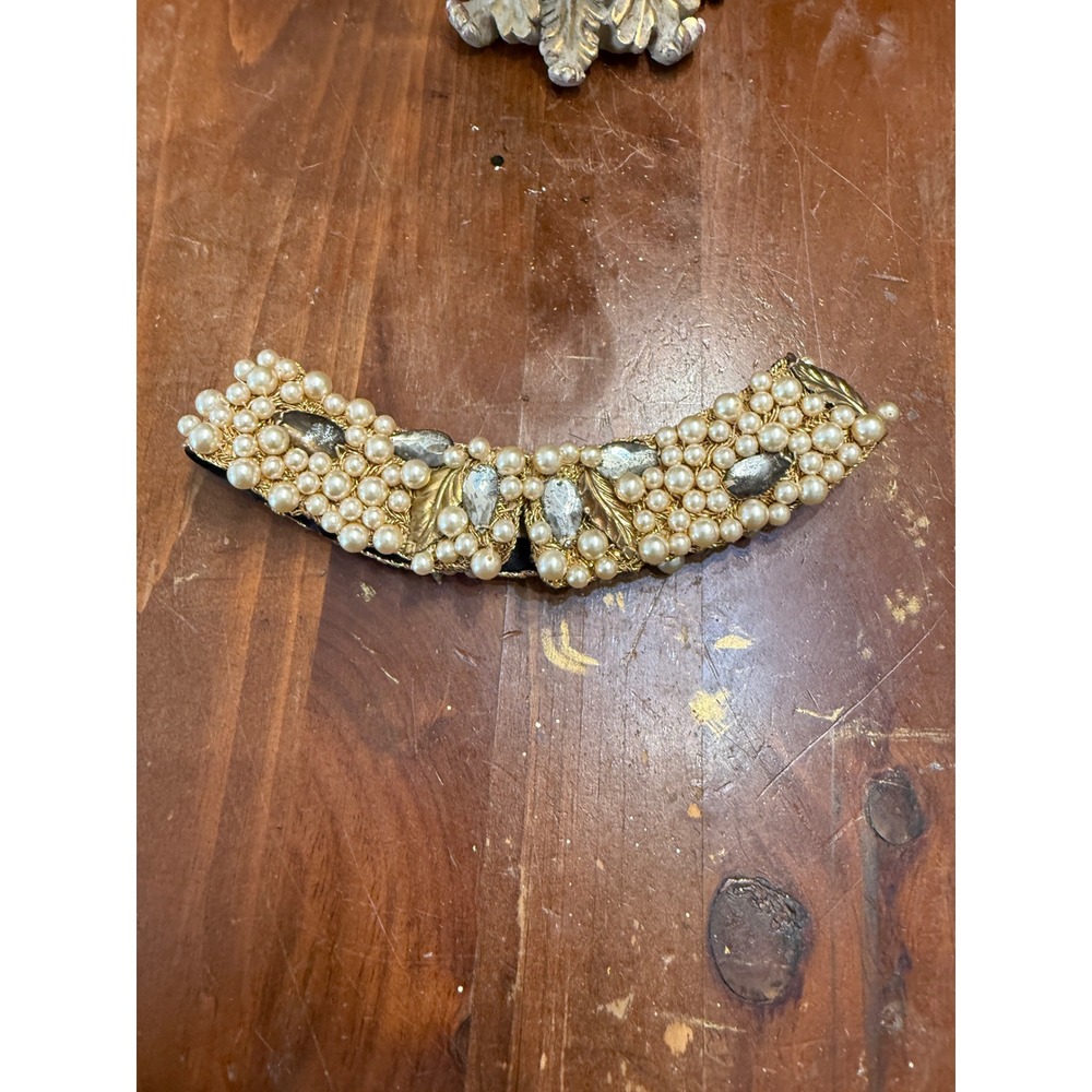 Vintage Sir James California Faux Pearl Rhinestone Beaded Collar Gold Leaf Trim